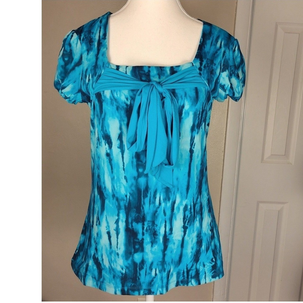 Style & Co Womens Blue Tie Dye Mesh Top Square Neck Bow Accent Blouse Size M